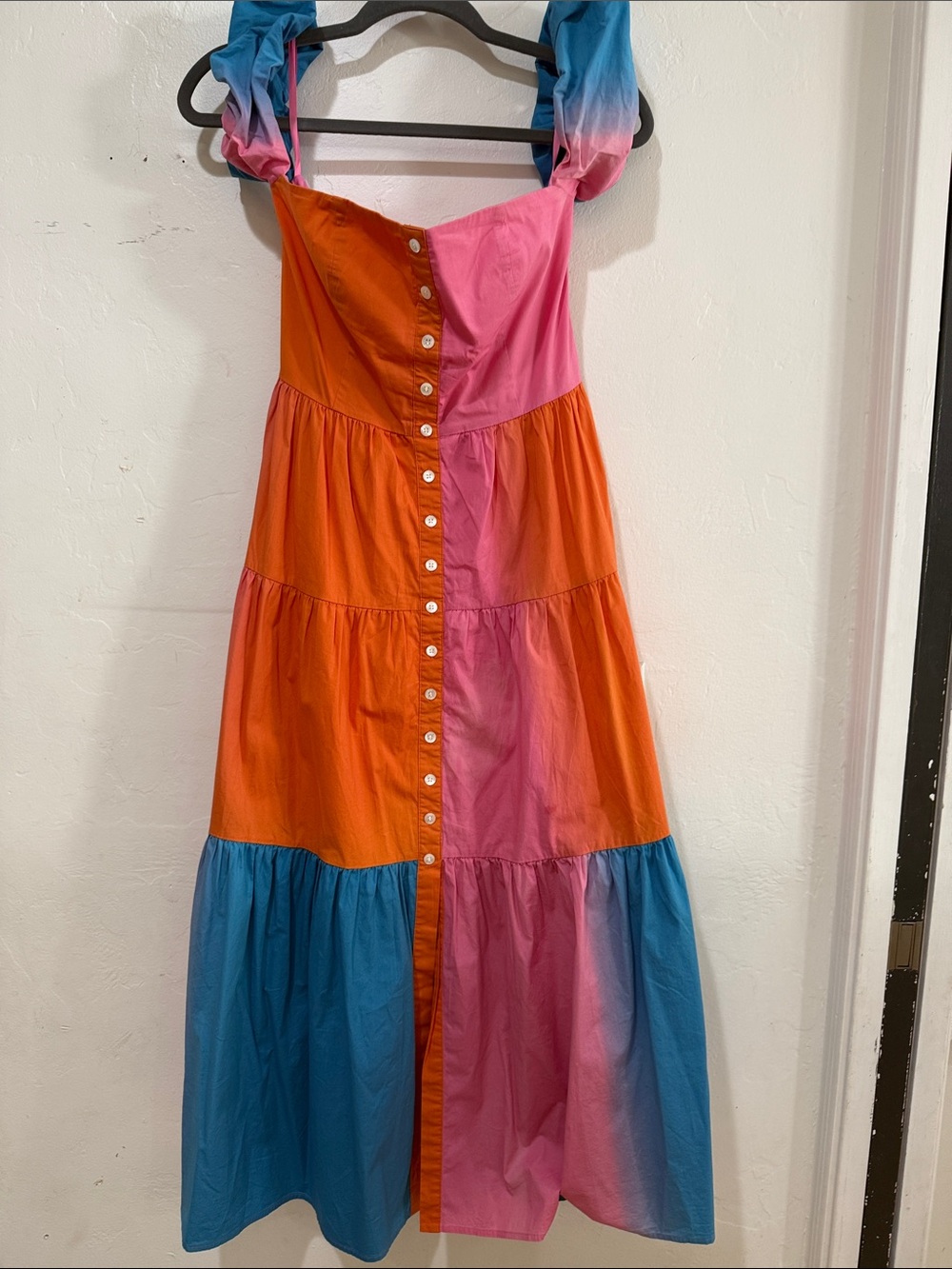 STAUD Colorblock Tiered Cotton Sundress in Pink, Orange & Blue